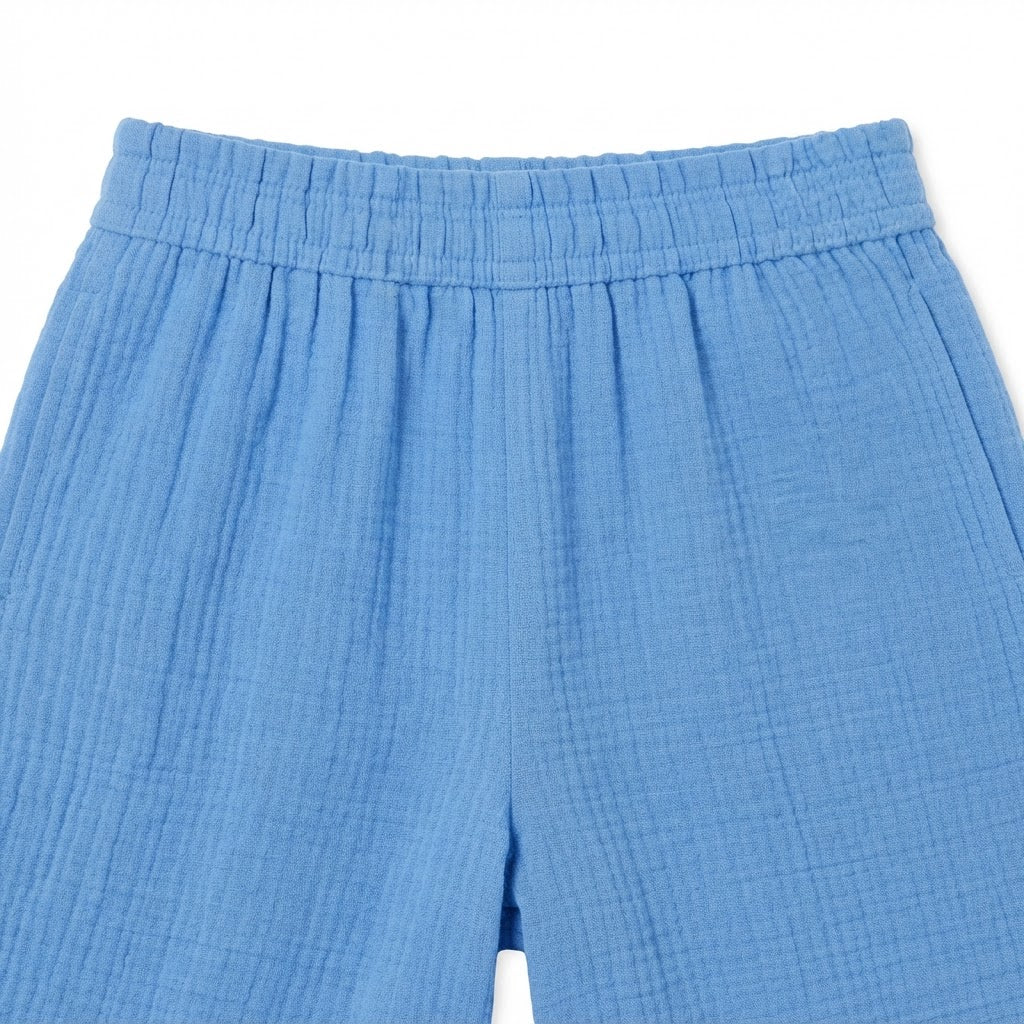 Women's Blue Muslin Elastic Waist Shorts