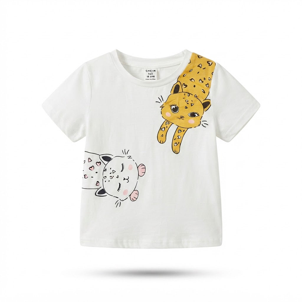 SHEIN White Short-Sleeve T-Shirt with Asymmetric Cat Graphic