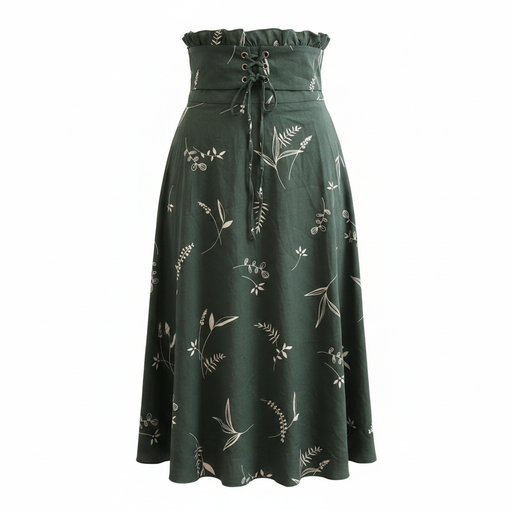 Women's Green Floral Lace-Up Midi Skirt