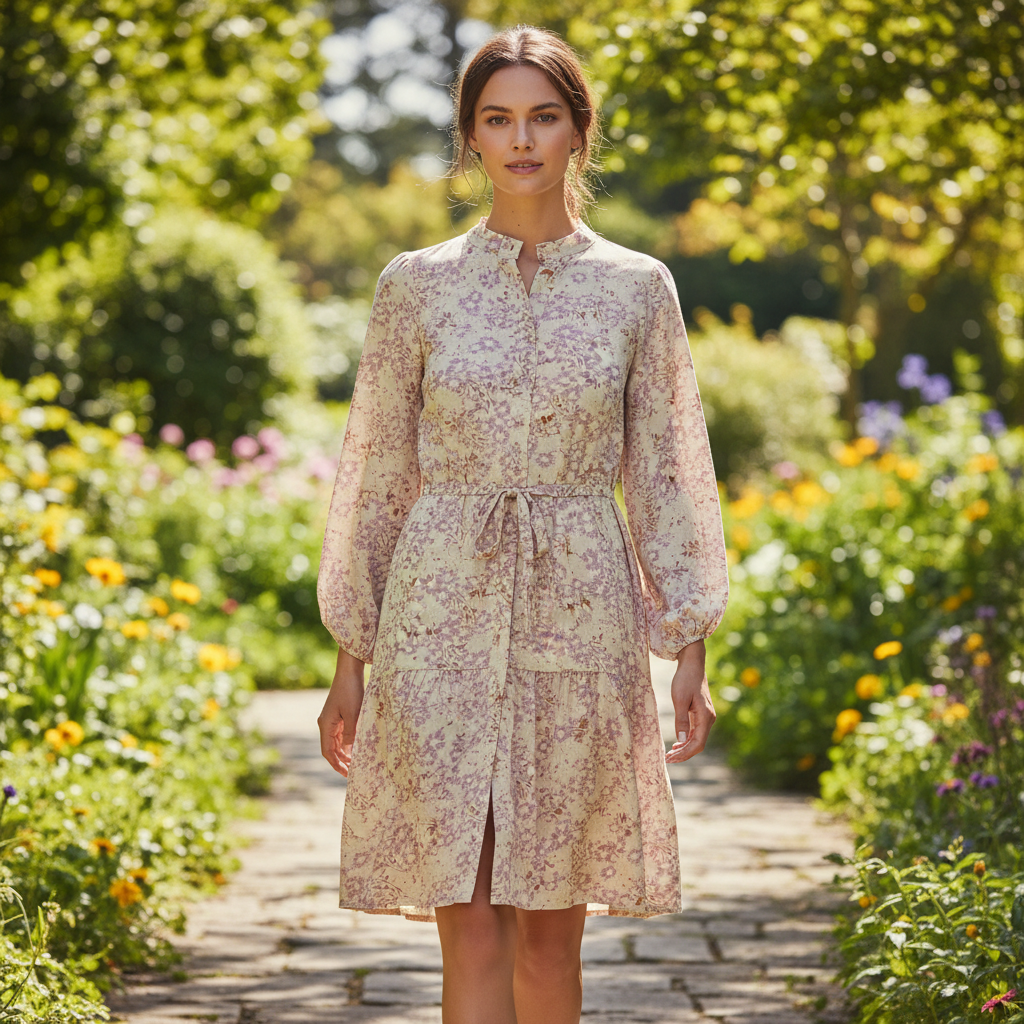 Women's Floral Tie-Waist Long Sleeve Mini Shirtdress