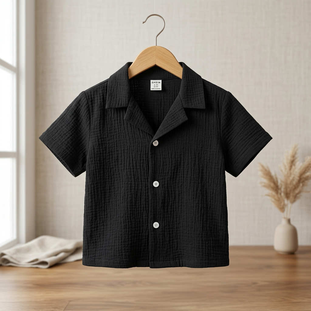SHEIN SHEIN Black Crinkle Gauze Camp Collar Toddler Shirt