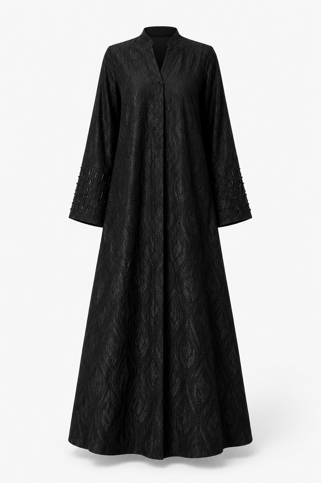 Luxury Jet Black Botanical Jacquard Full Length Abaya