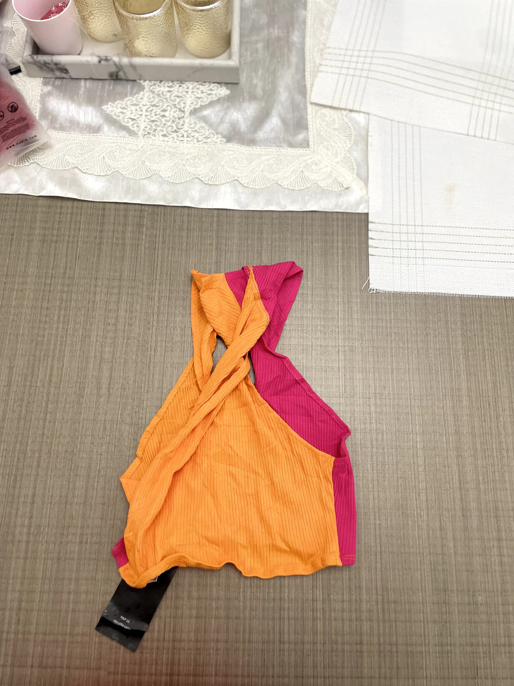 SHEIN Orange and Pink Twist-Front Color-Block Crop Top