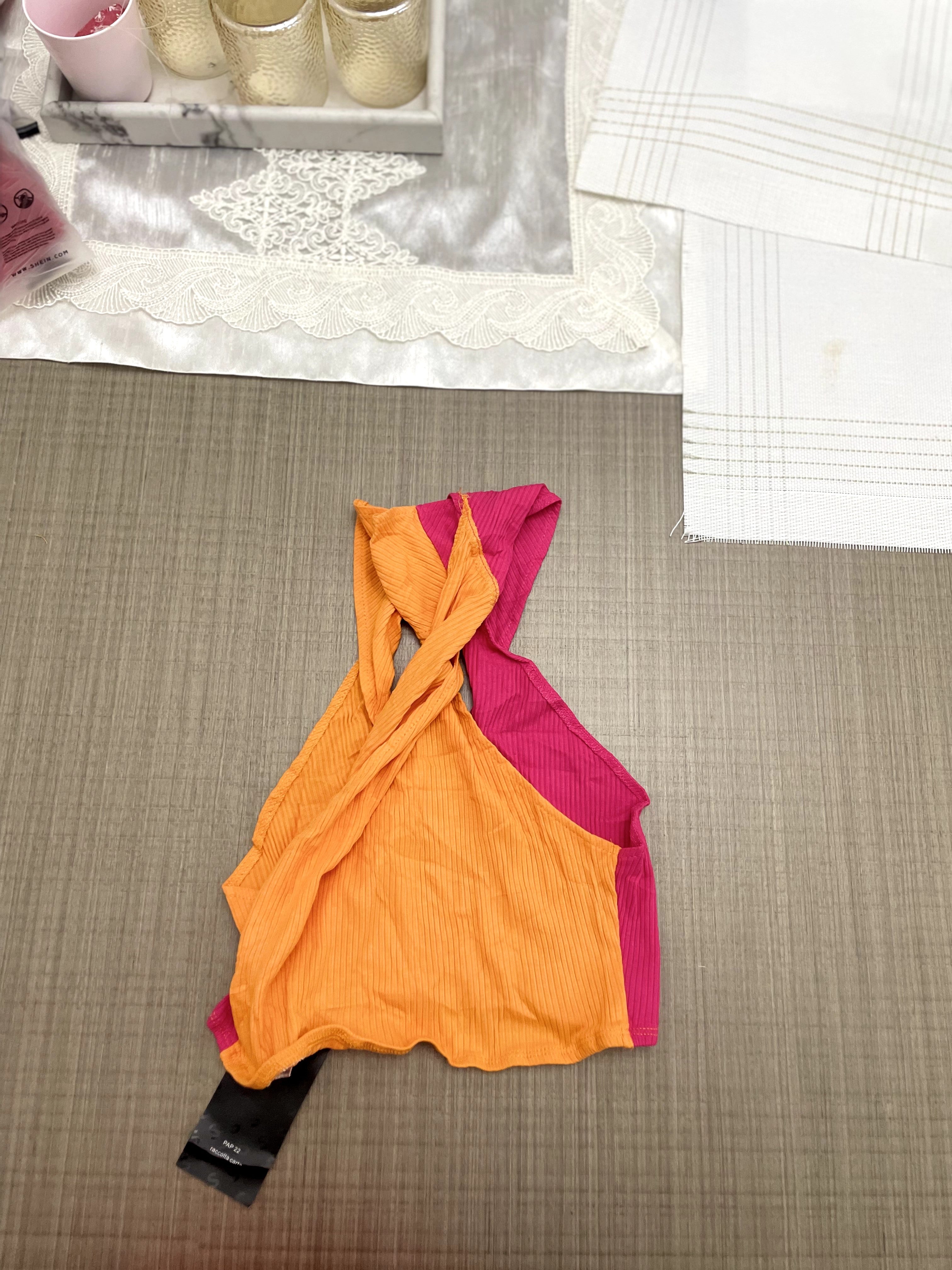 SHEIN Orange and Pink Twist-Front Color-Block Crop Top