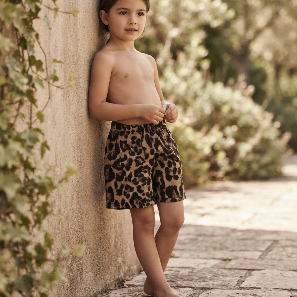 SHEIN Tan Leopard Print SHEIN Kids' Shorts with Elastic Wais