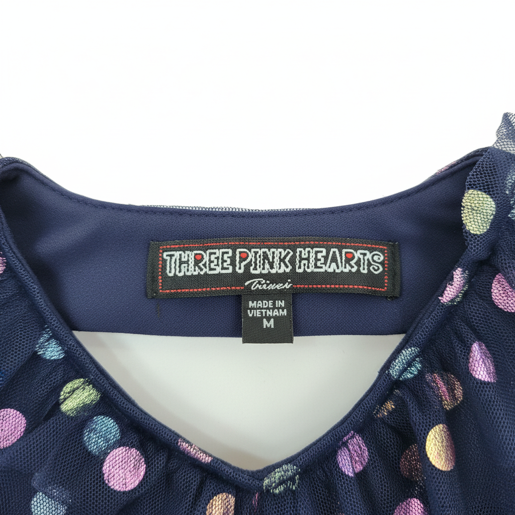 Three Pink Hearts Navy Metallic Polka Dot Tiered Dress