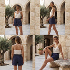 Navy Blue Polka Dot Relaxed High-Waist Shorts