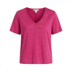 [WearU Generated:merch_ghost] Cortefiel Fuchsia Linen Blend Straight V-Neck Top – ghost front view