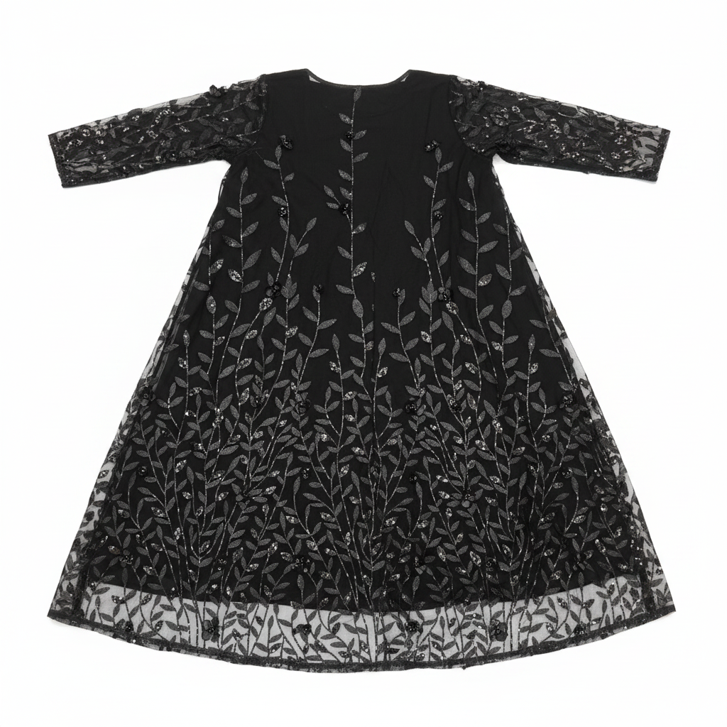 Elegant Black Sequin Embroidered Long Open Abaya