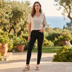 Women's Beige Sequin Embellished Linen V-Neck Top