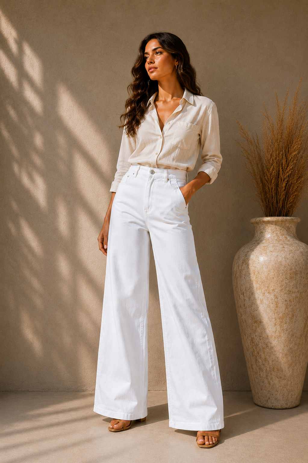 Max Women's White Wide Leg High Rise Full Length Jeans