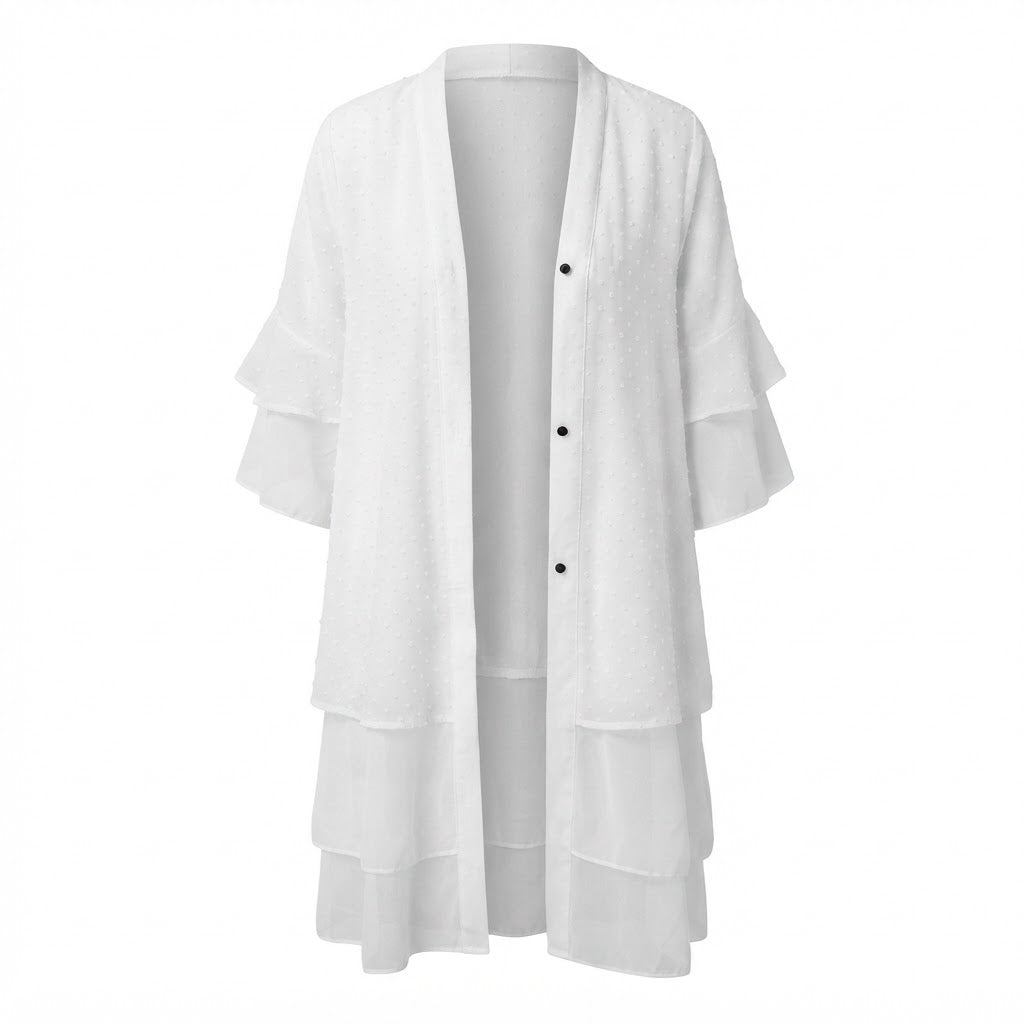 Women's White Swiss Dot Tiered Long Kimono