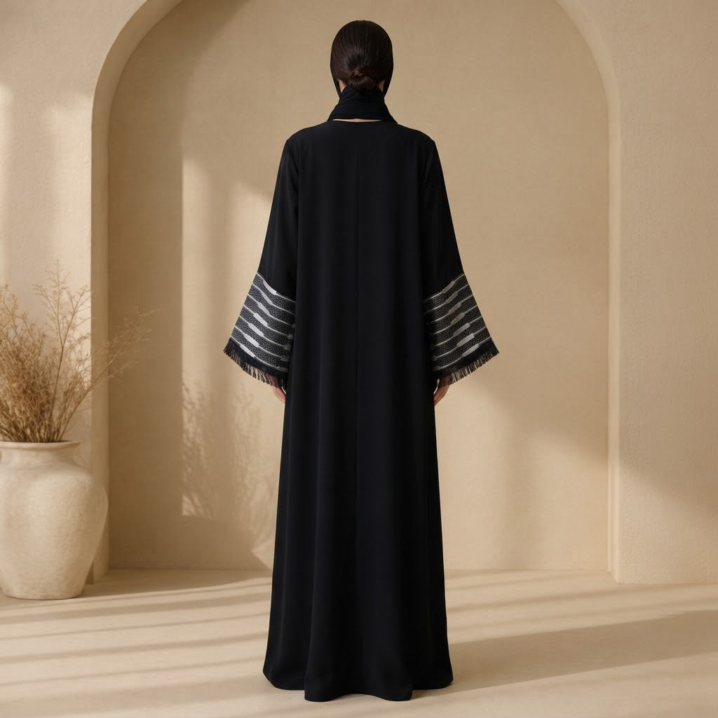 ASALA Deep Navy Zip-Front Abaya with Decorative Fringe Cuffs