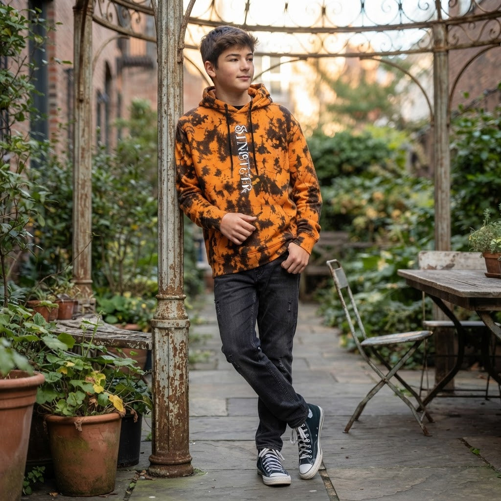 [WearU Generated:campaign_3] Orange Cotton Blend Tie-Dye Boxy Hoodie – back view