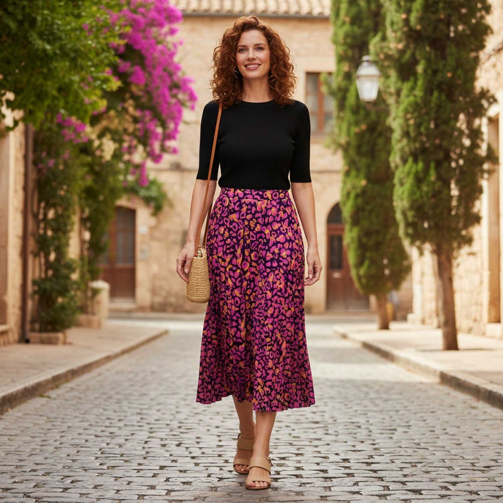 Women's Pink Leopard Print Pleated Maxi Skirt