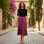 Women's Pink Leopard Print Pleated Maxi Skirt