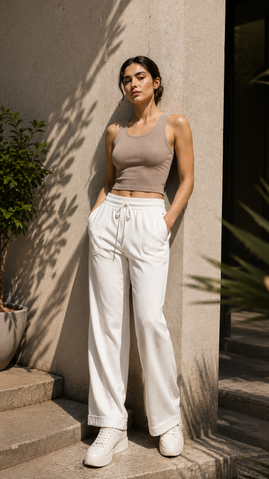 Women's White Wide-Leg Ankle Lounge Trousers S/M