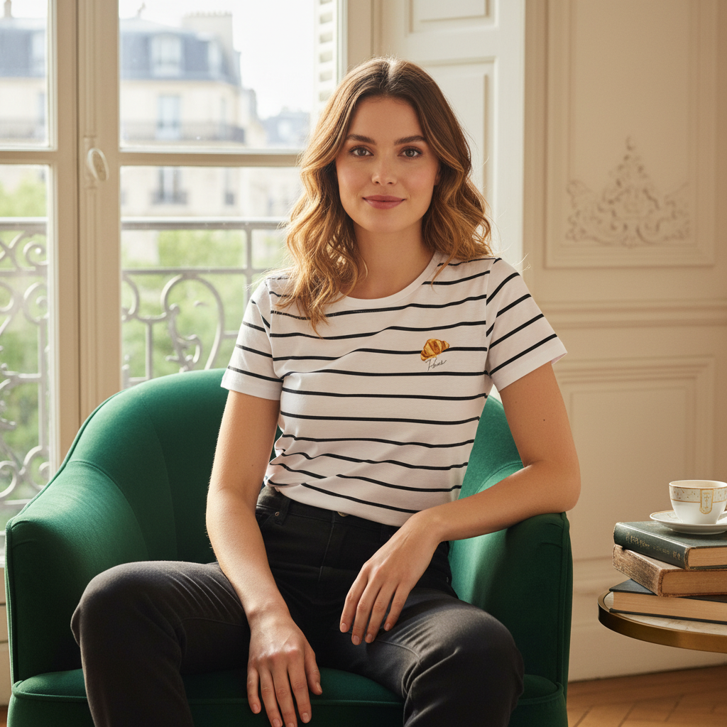Emily in Paris Netflix Women's Striped Croissant T-Shirt