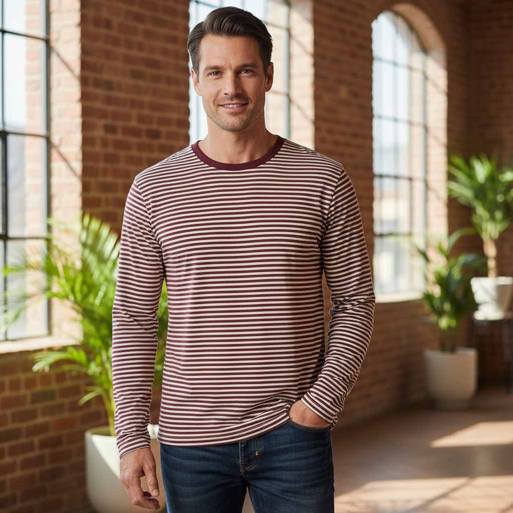 Livergy Men's Burgundy Striped Long Sleeve T-Shirt - Size M