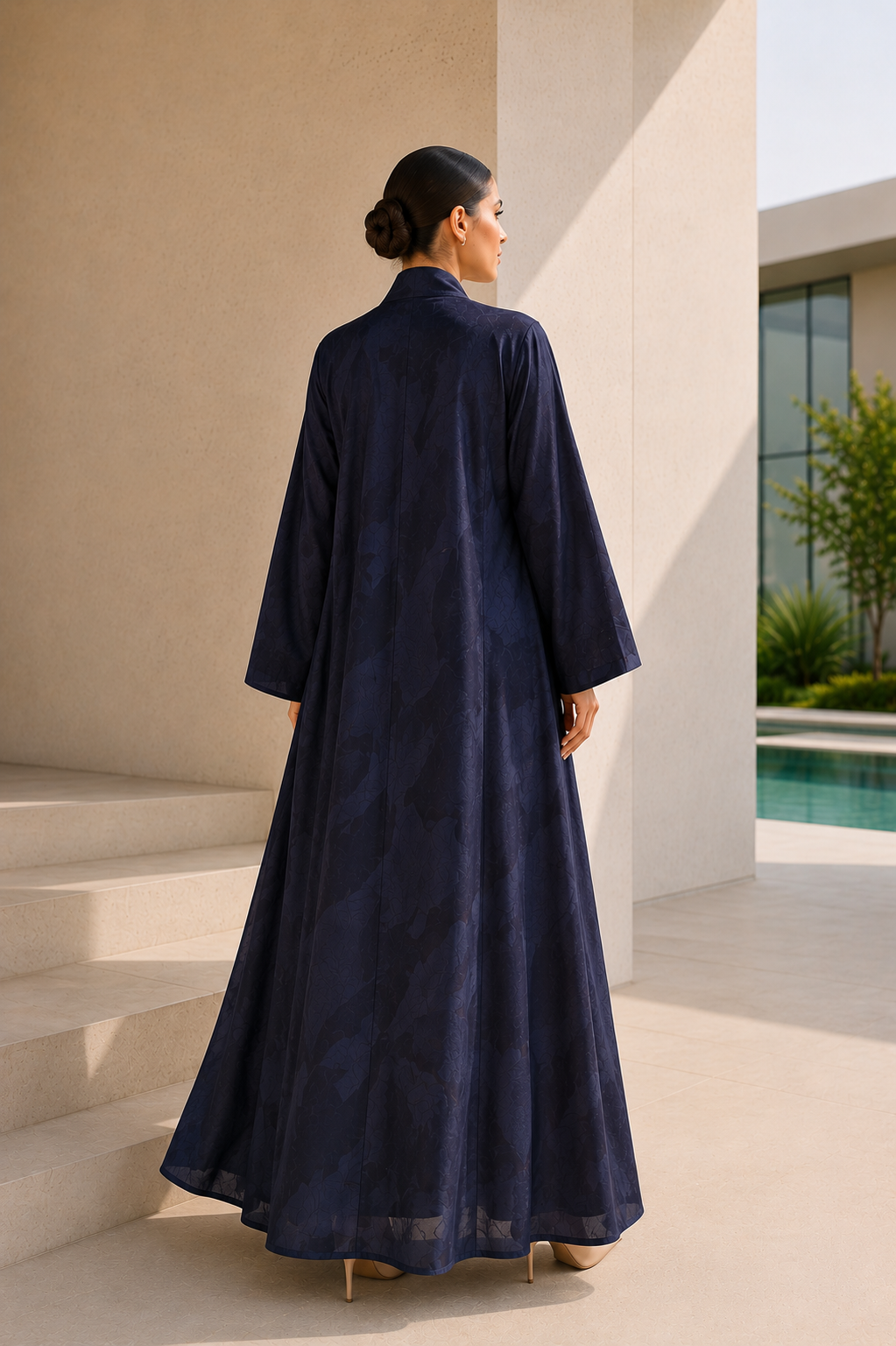 Navy Blue Jacquard Satin A-Line Open Front Abaya
