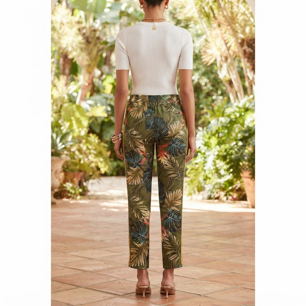 Women's Olive Green Tropical Print Trousers