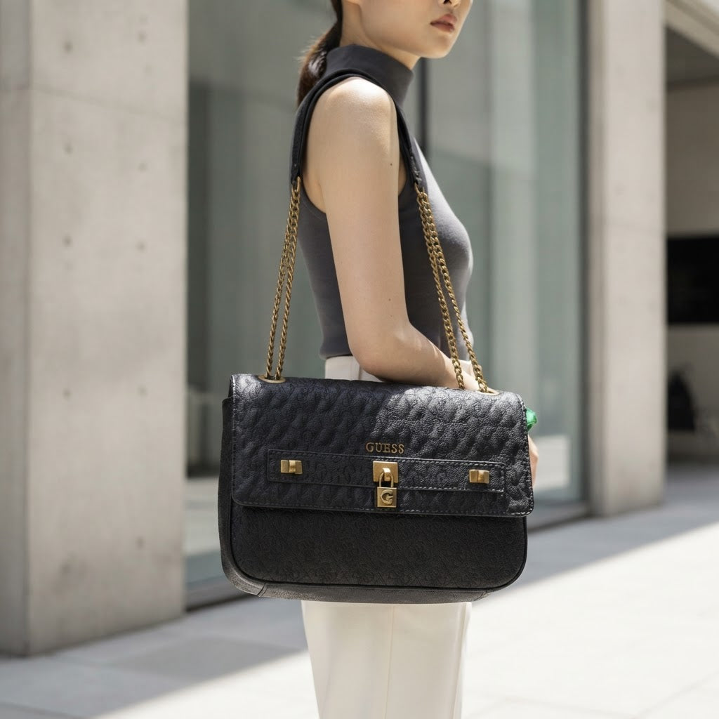 GUESS Guess Black Embossed Logo Flap Shoulder Bag