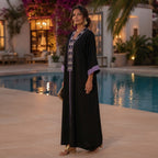 Black Abaya with Lavender Geometric Tribal Embroidery