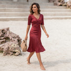 SWING Wine Red Satin Fit-and-Flare Midi Dress with Panelled