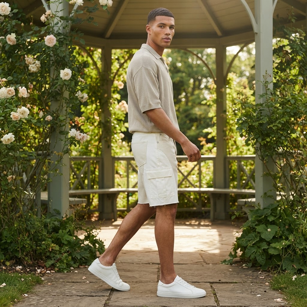 [WearU Generated:premium_master] Boohooman Ecru Cotton Twill Colour Block Wide-Leg Cargo Shorts – front view
