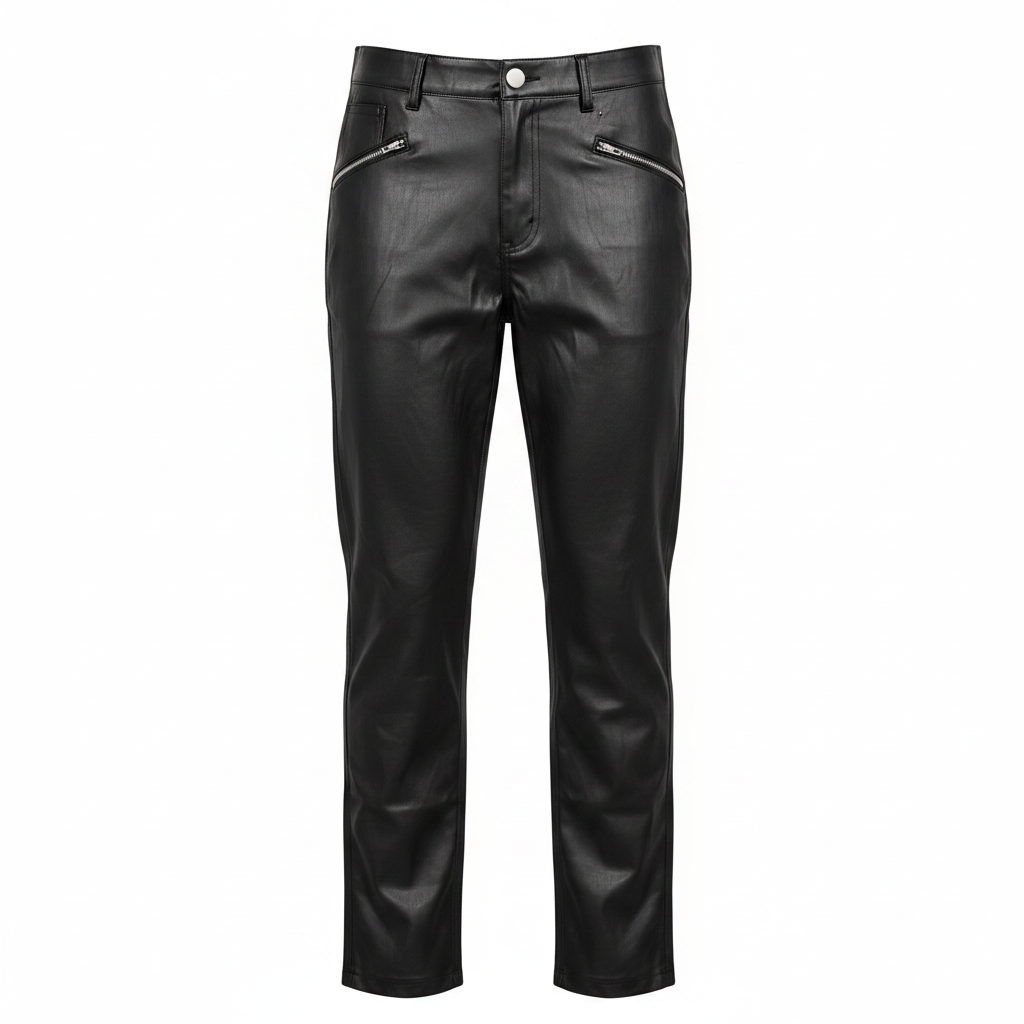 Women's Black Leather Straight Leg Pants with Zippers