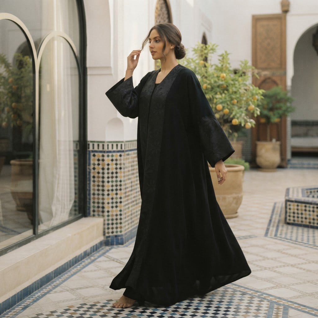 Black Embroidered Tonal Panel Kaftan Abaya