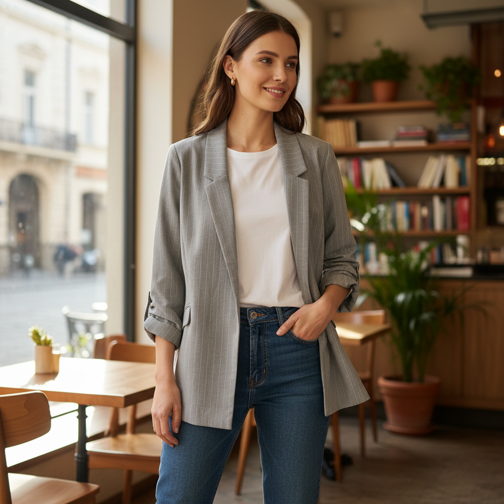Stradivarius Women's Grey Pinstripe Tailored Office Blazer