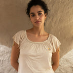 Love and Money Beige Gathered Neckline Top with Braided Meta