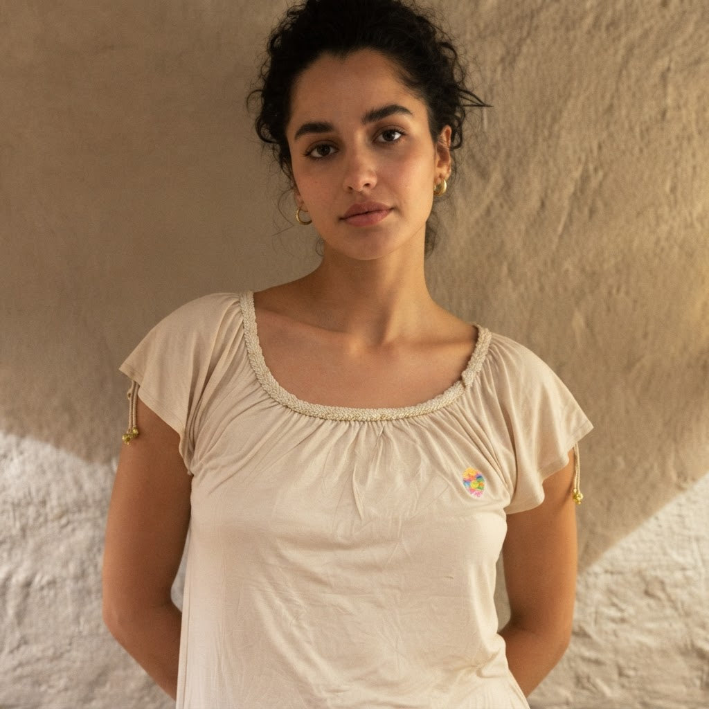 Love and Money Beige Gathered Neckline Top with Braided Meta