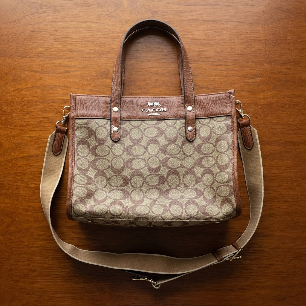 CACOH Brown Monogram Structured Tote Bag