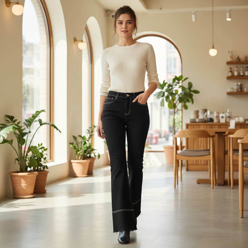 Women's Black Contrast Stitch High-Waist Flared Jeans