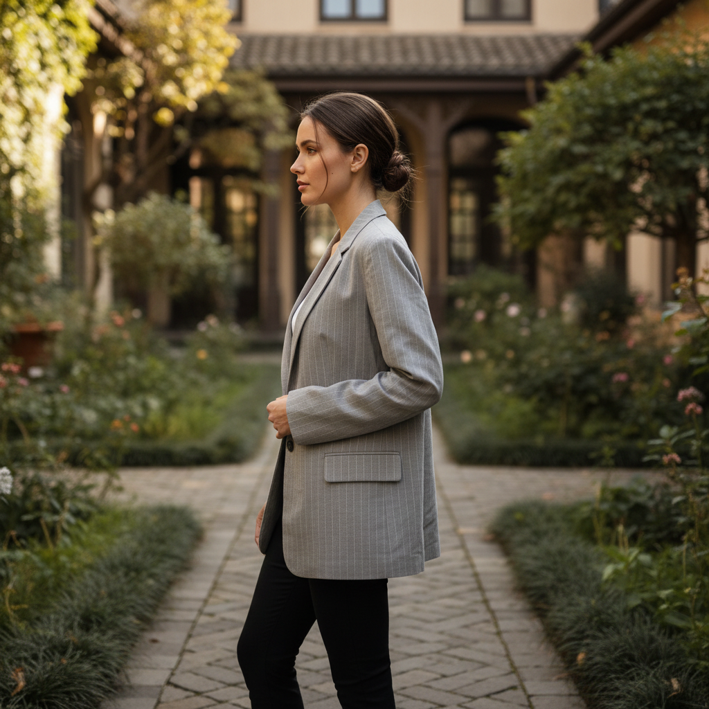 Stradivarius Women's Grey Pinstripe Tailored Office Blazer
