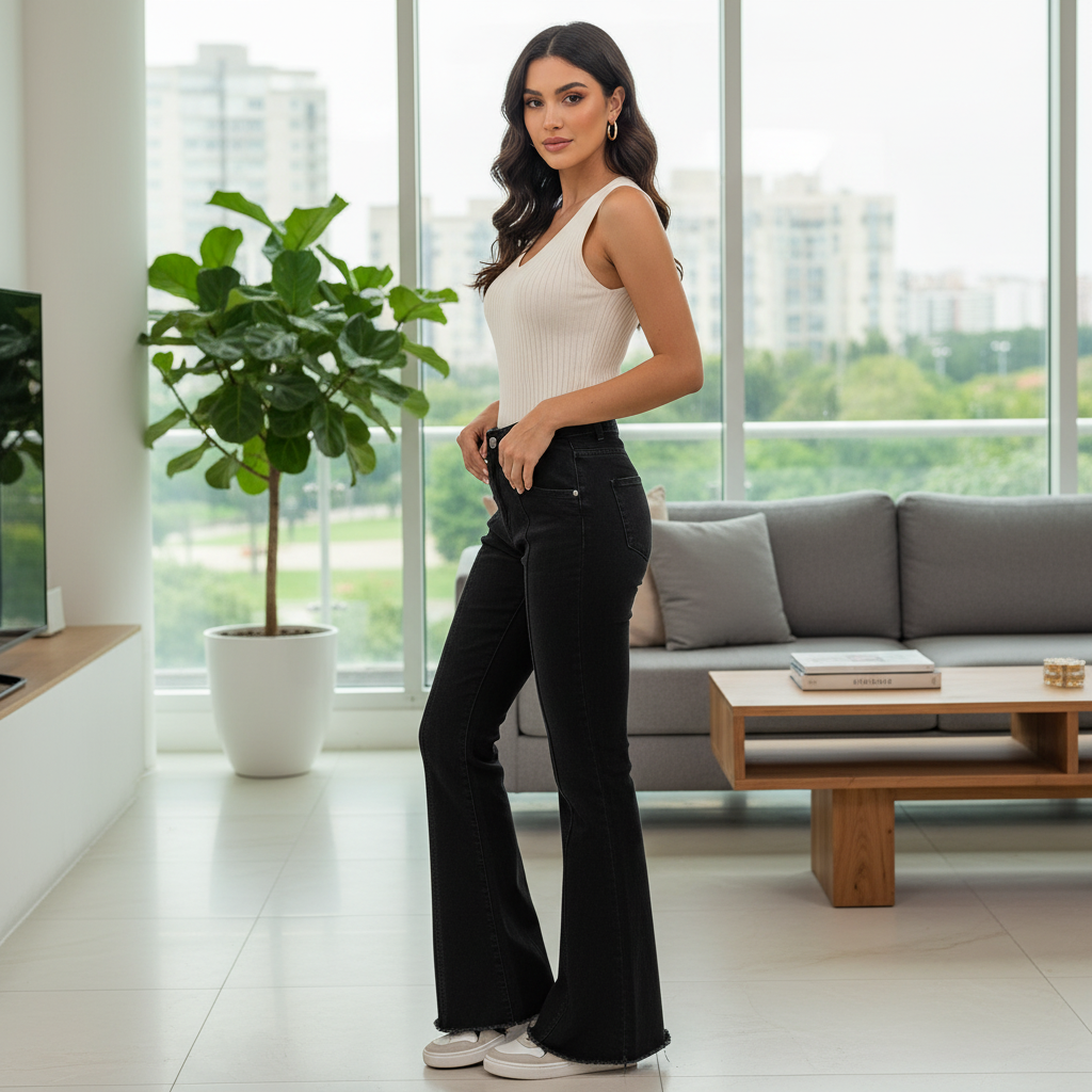 Women's Black High-Waist Flare Jeans with Raw Hem