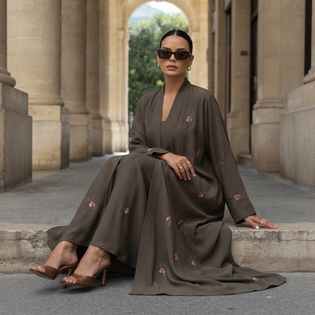represent Olive Brown Embroidered Open-Front Abaya with Wide