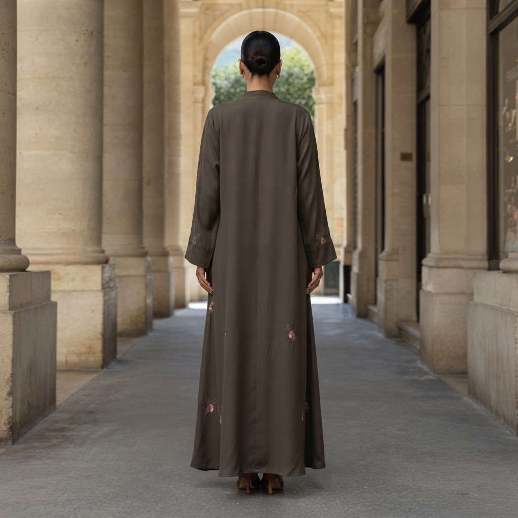 represent Olive Brown Embroidered Open-Front Abaya with Wide