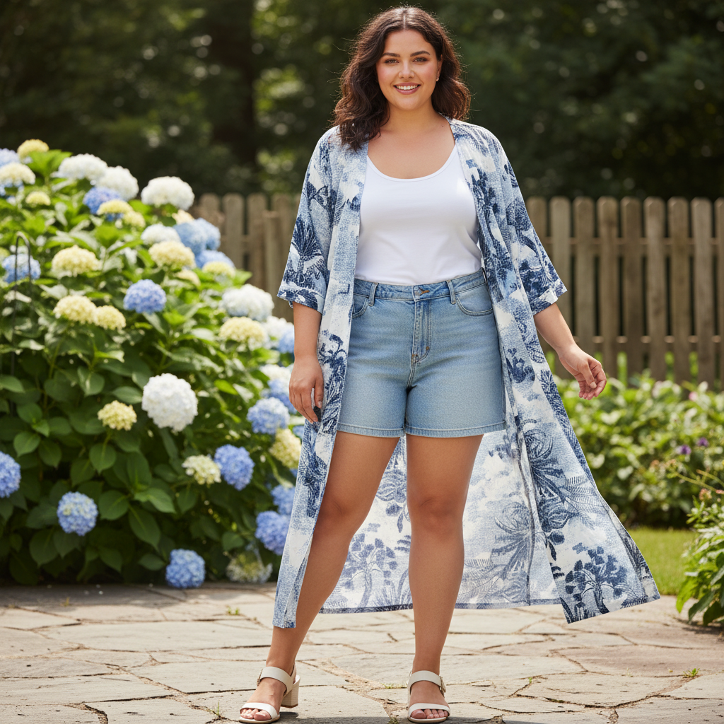 SHEIN Women's Blue and White Tropical Print Long Kimono Robe
