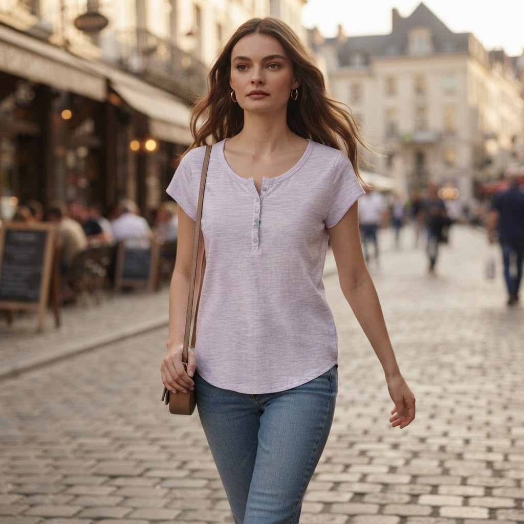 B collection Lavender Space-Dye Henley T-Shirt with Curved H