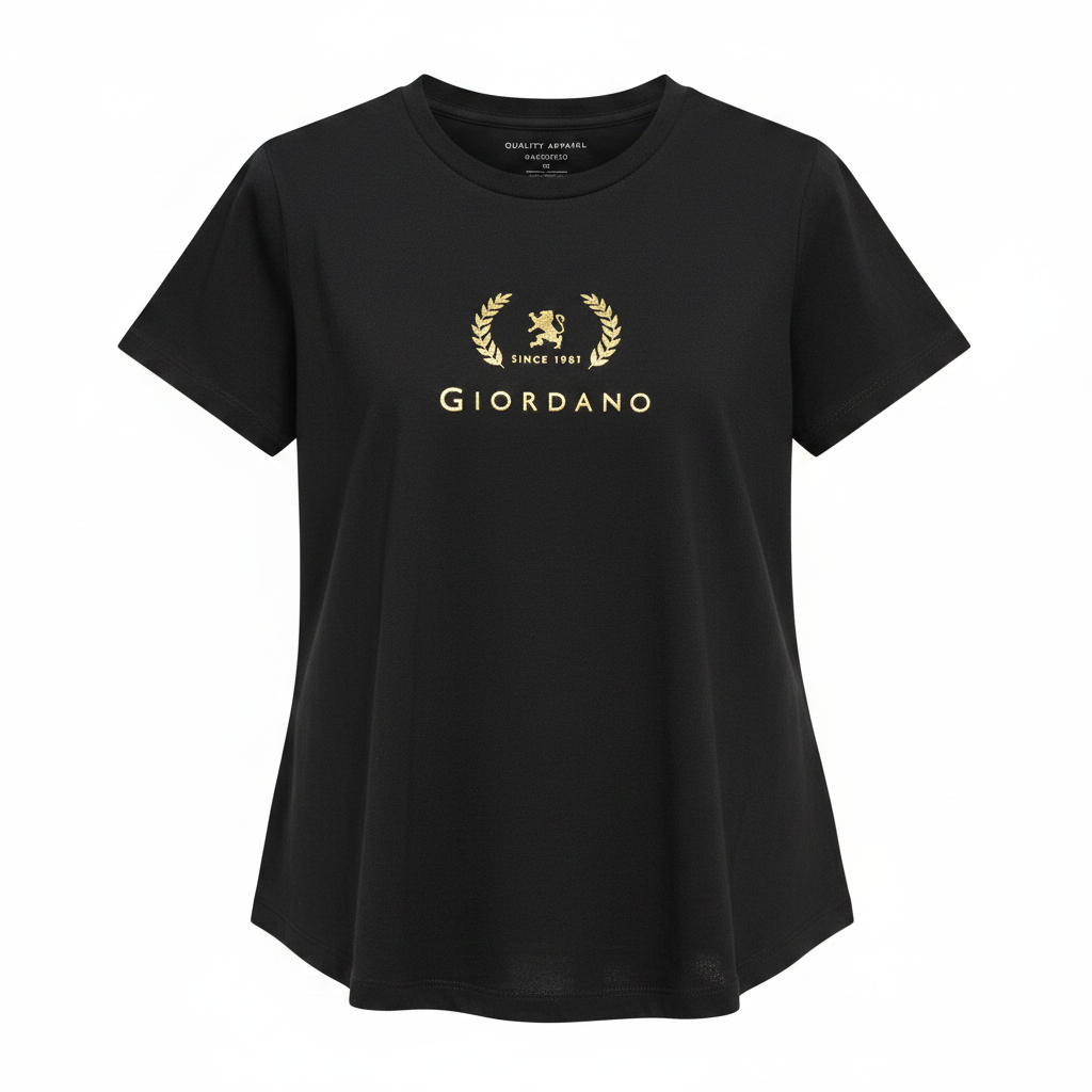 Giordano Women's Black T-Shirt with Gold Crest Logo - XL