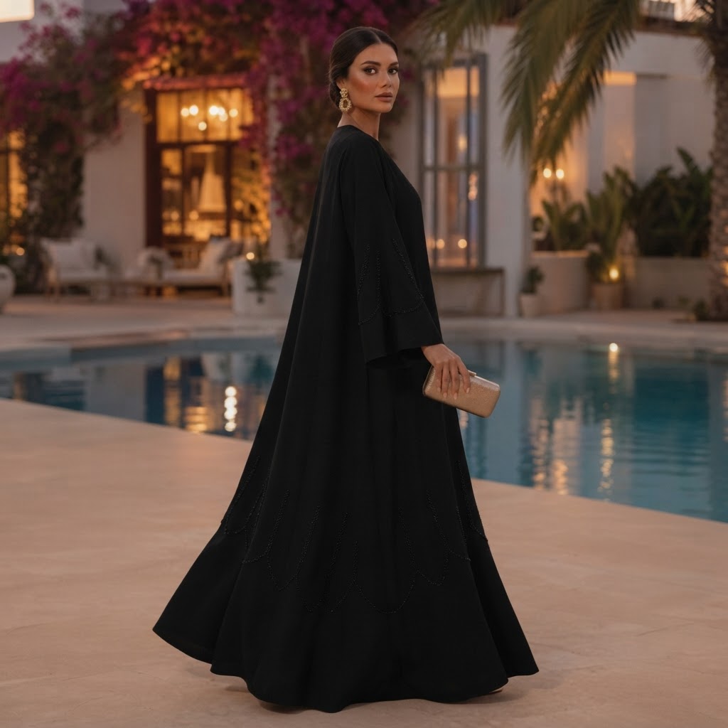 SHADER Deep Navy Black Crepe Abaya with Beaded Butterfly Cuf