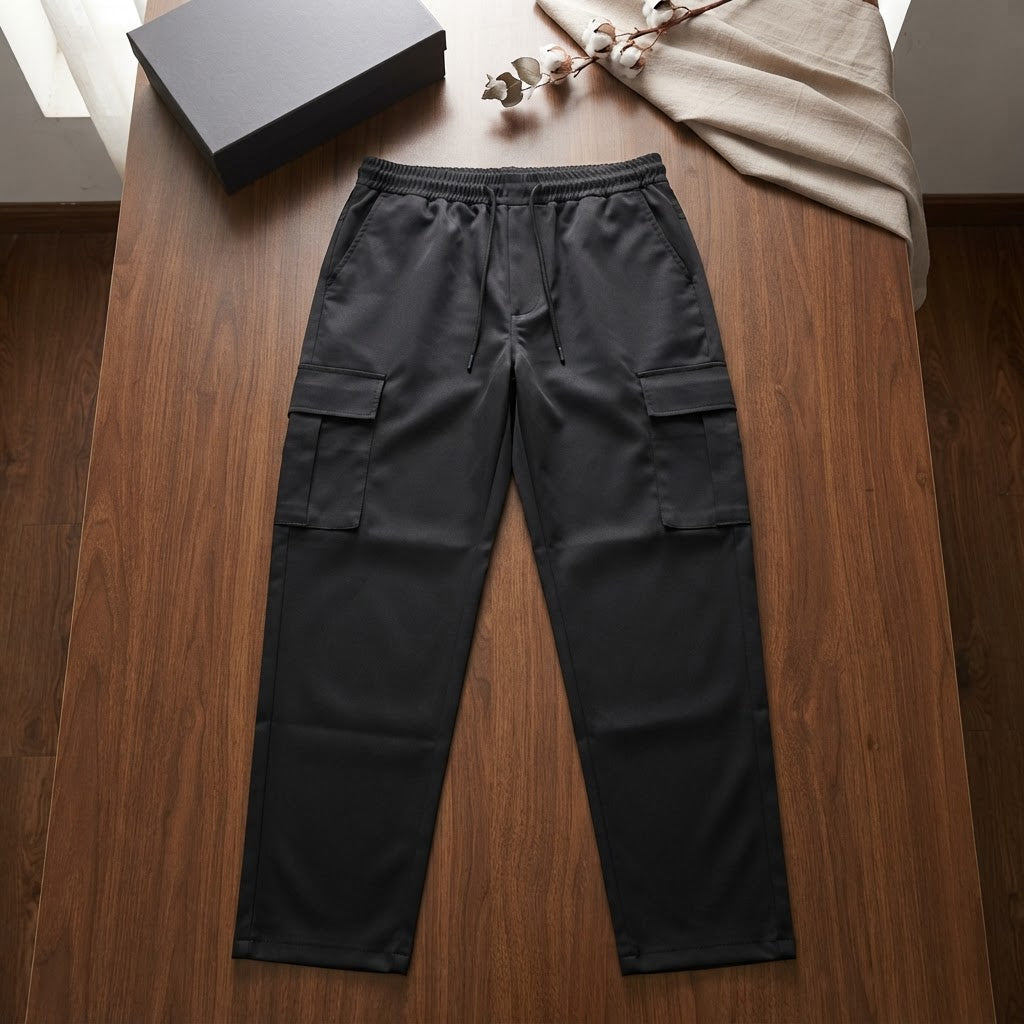 FORZA Black Relaxed Fit Cargo Trousers with Drawstring Waist
