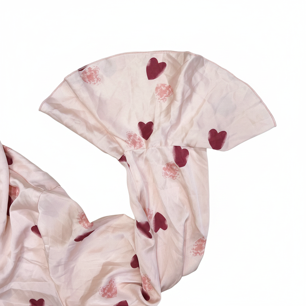 Pink Heart Print Satin Ruffle Trim Robe