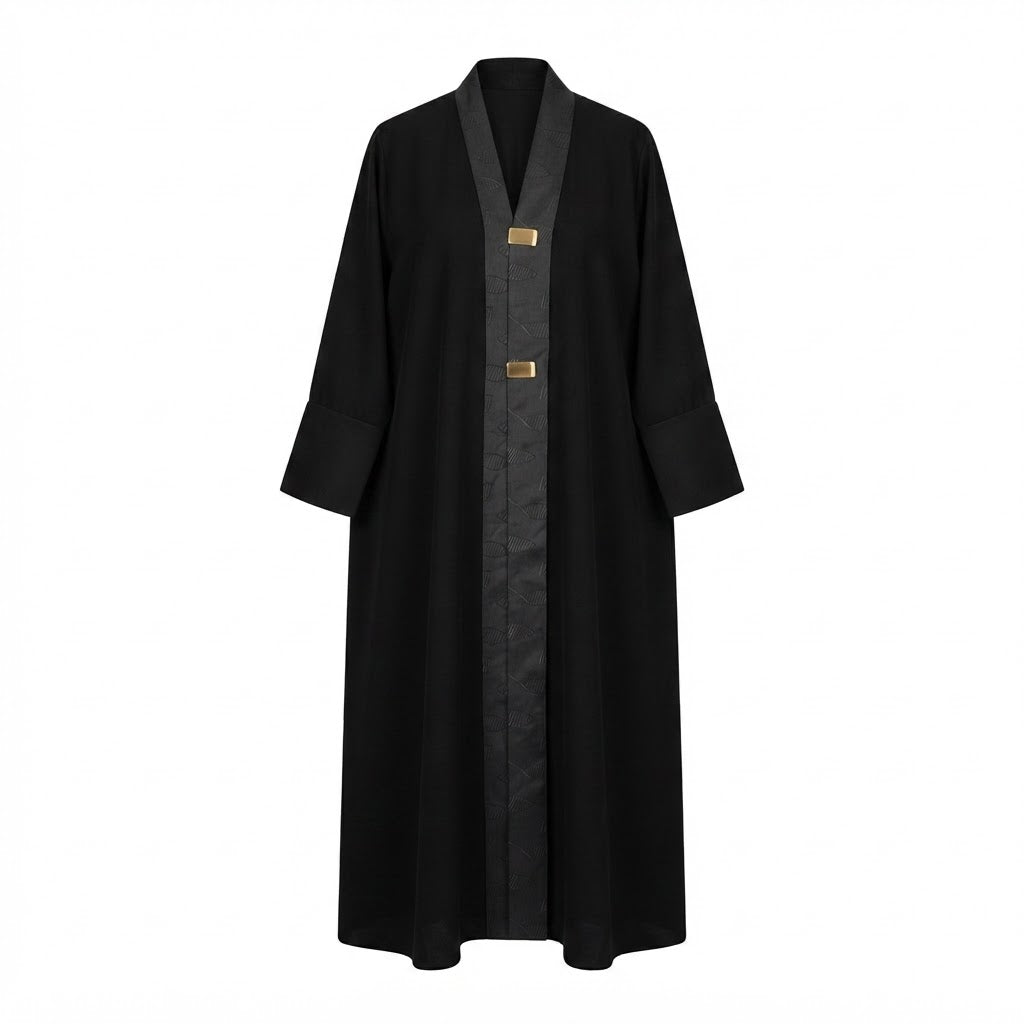 Women's Black Abaya with Gold Hardware & Patterned Trim