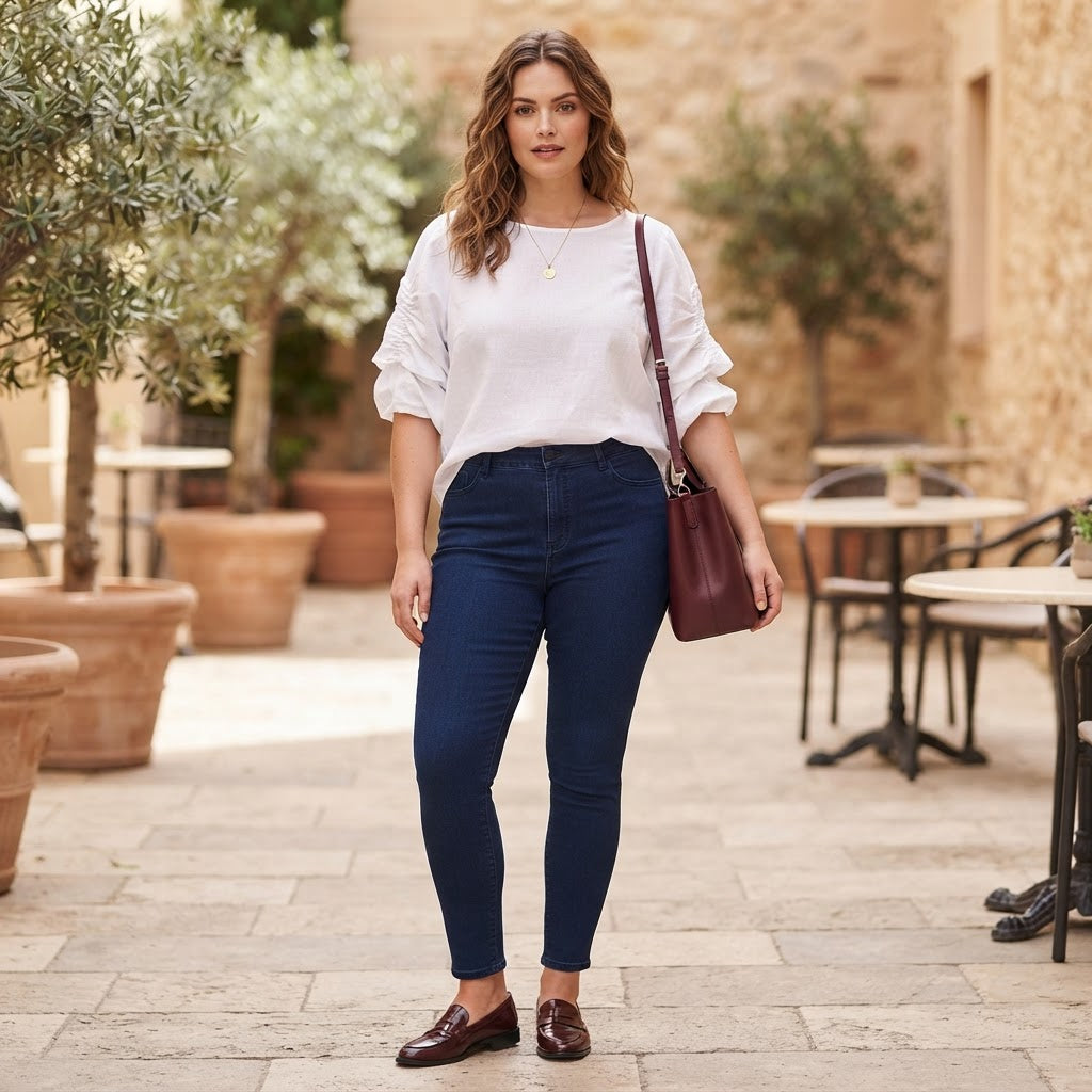 Women's White Ruched Sleeve Linen Blouse