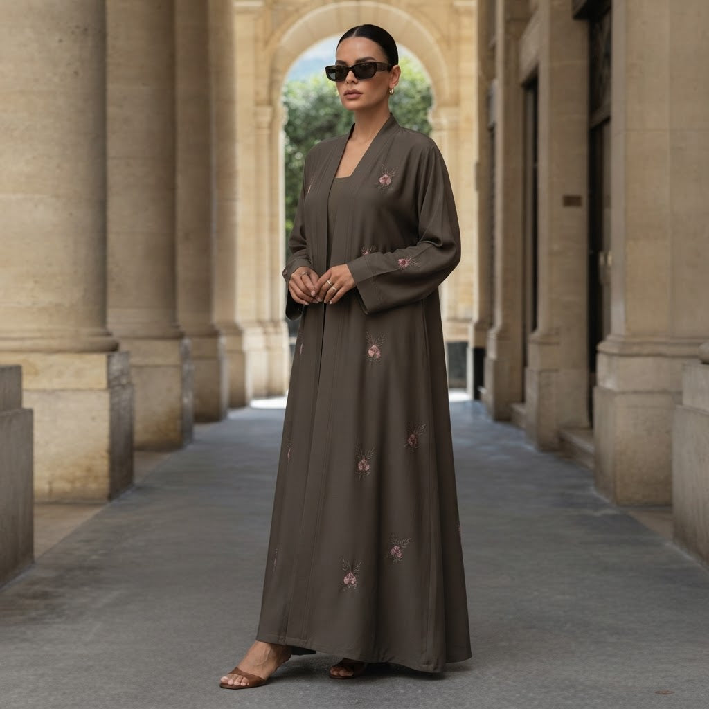 represent Olive Brown Embroidered Open-Front Abaya with Wide