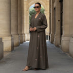 represent Olive Brown Embroidered Open-Front Abaya with Wide